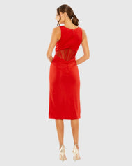 Red Sheer Mesh Caged Midriff V-Neck Jersey Midi Dress