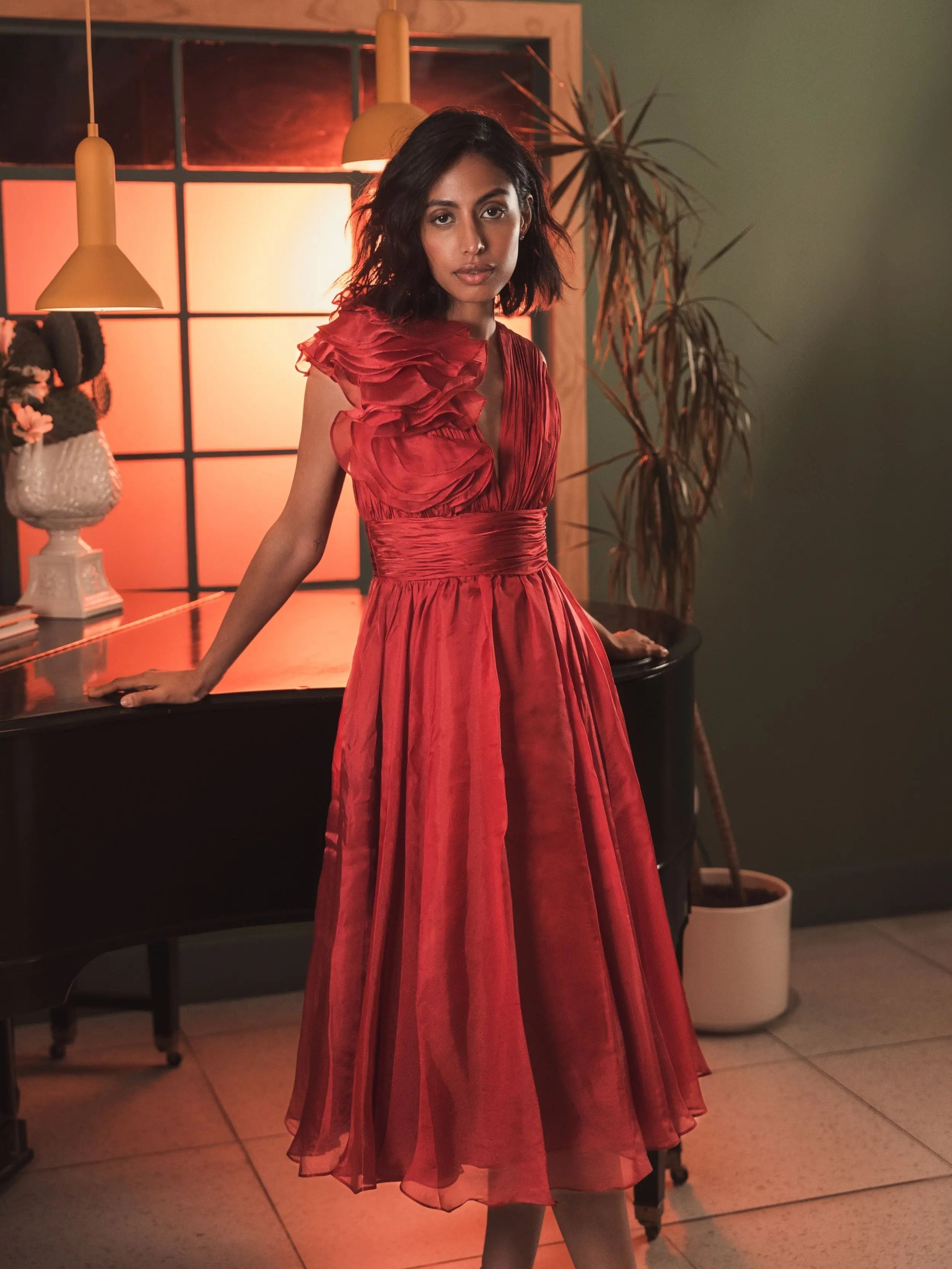 Red Sleeveless Chiffon A-Line Tea Length Cocktail Dress