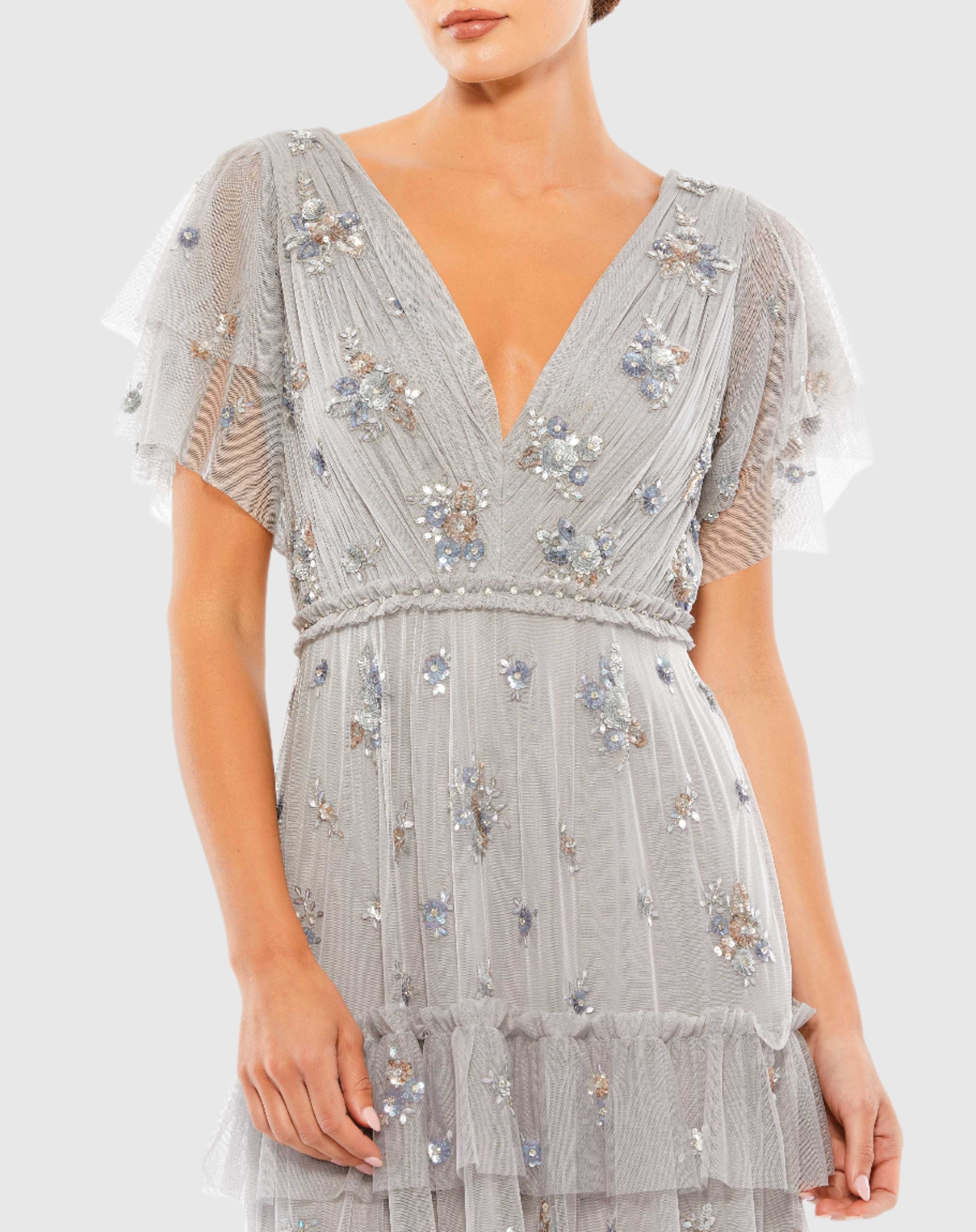 Gray Ruffle Tiered Embellished Flutter Sleeve Gown