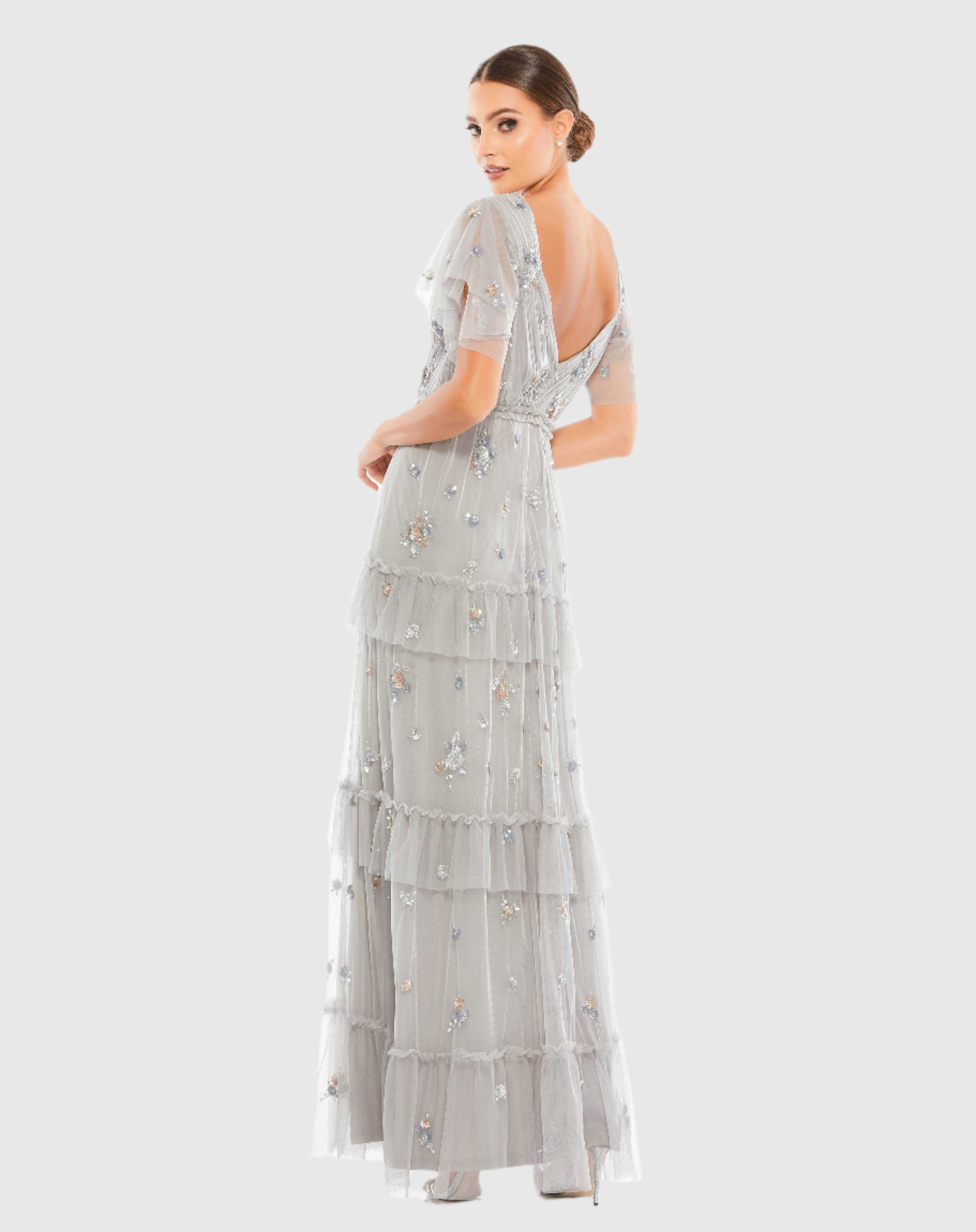 Gray Ruffle Tiered Embellished Flutter Sleeve Gown