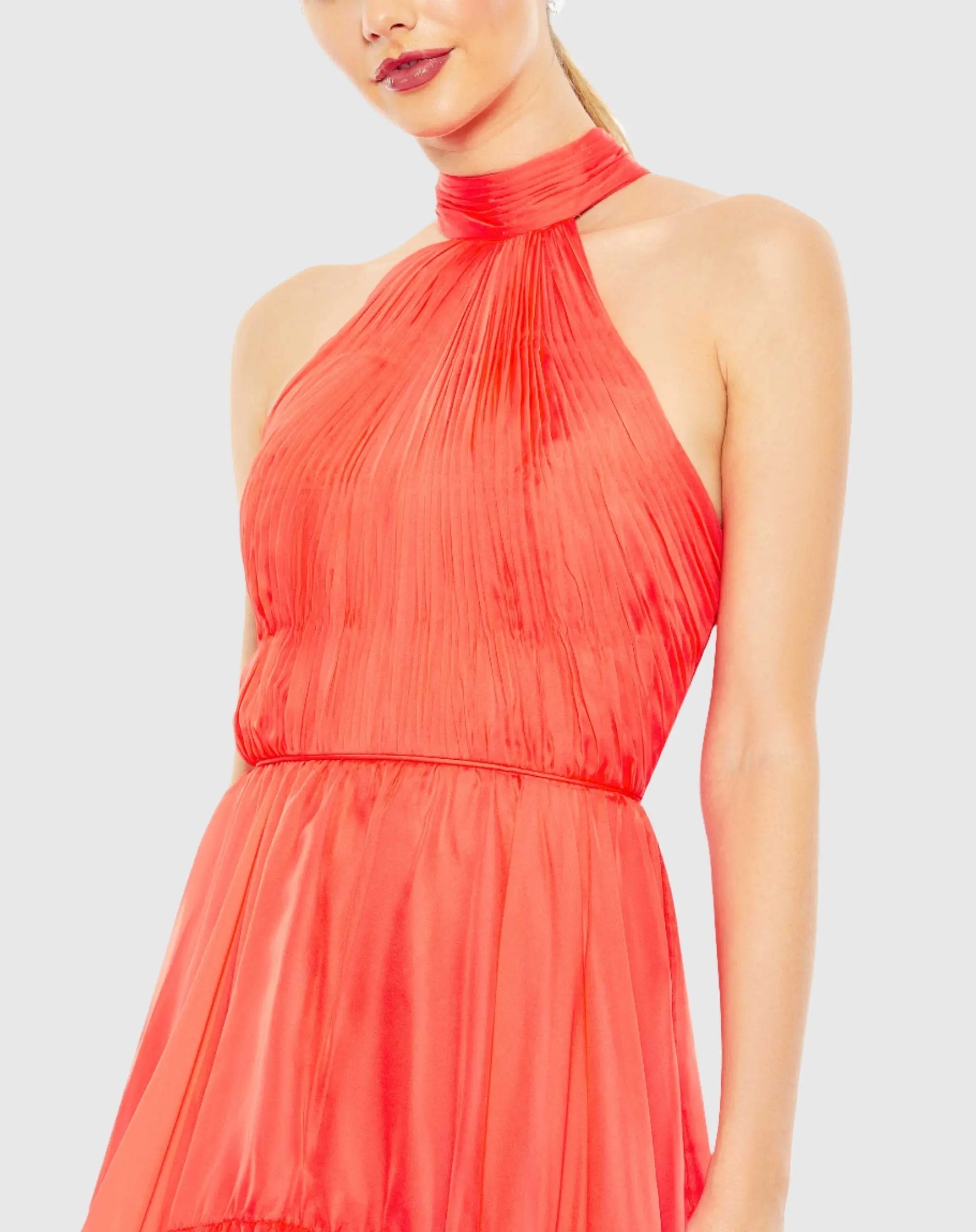 Orange Ruffle Tiered High Low Pleated Halter Neck Gown