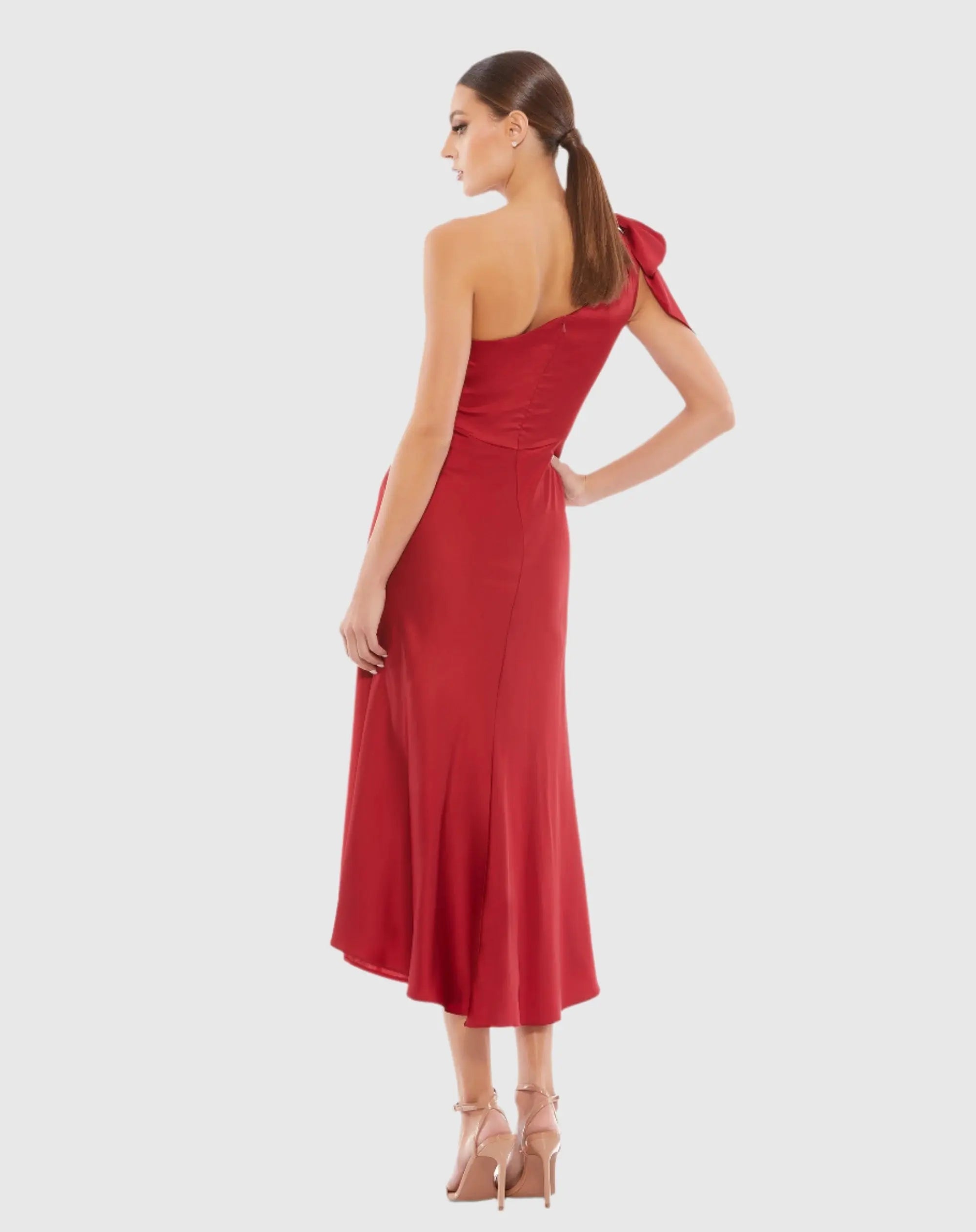 Red Satin One Shoulder Midi Dress - FINAL SALE