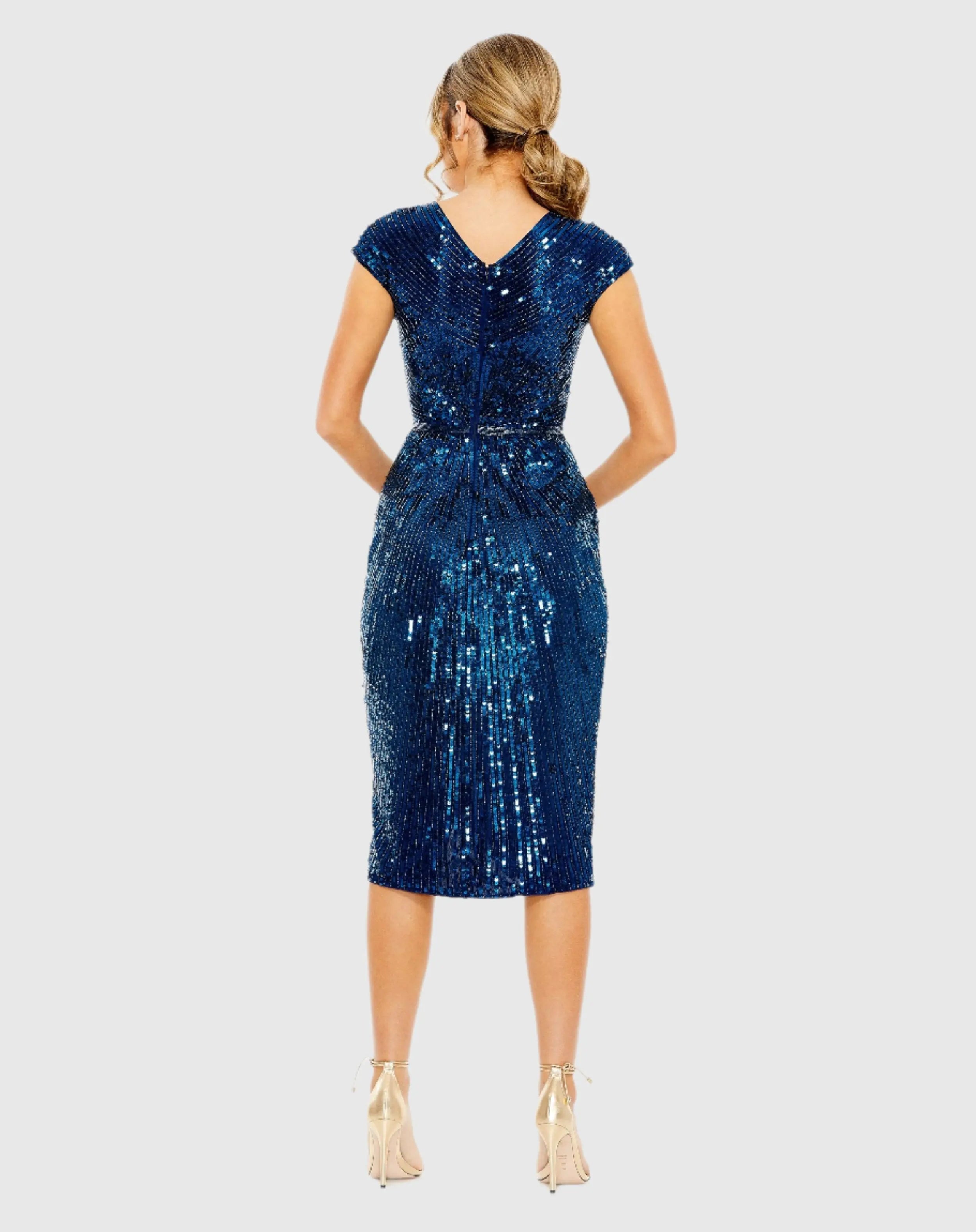 Blue Sequin Faux Wrap Front Slit Dress