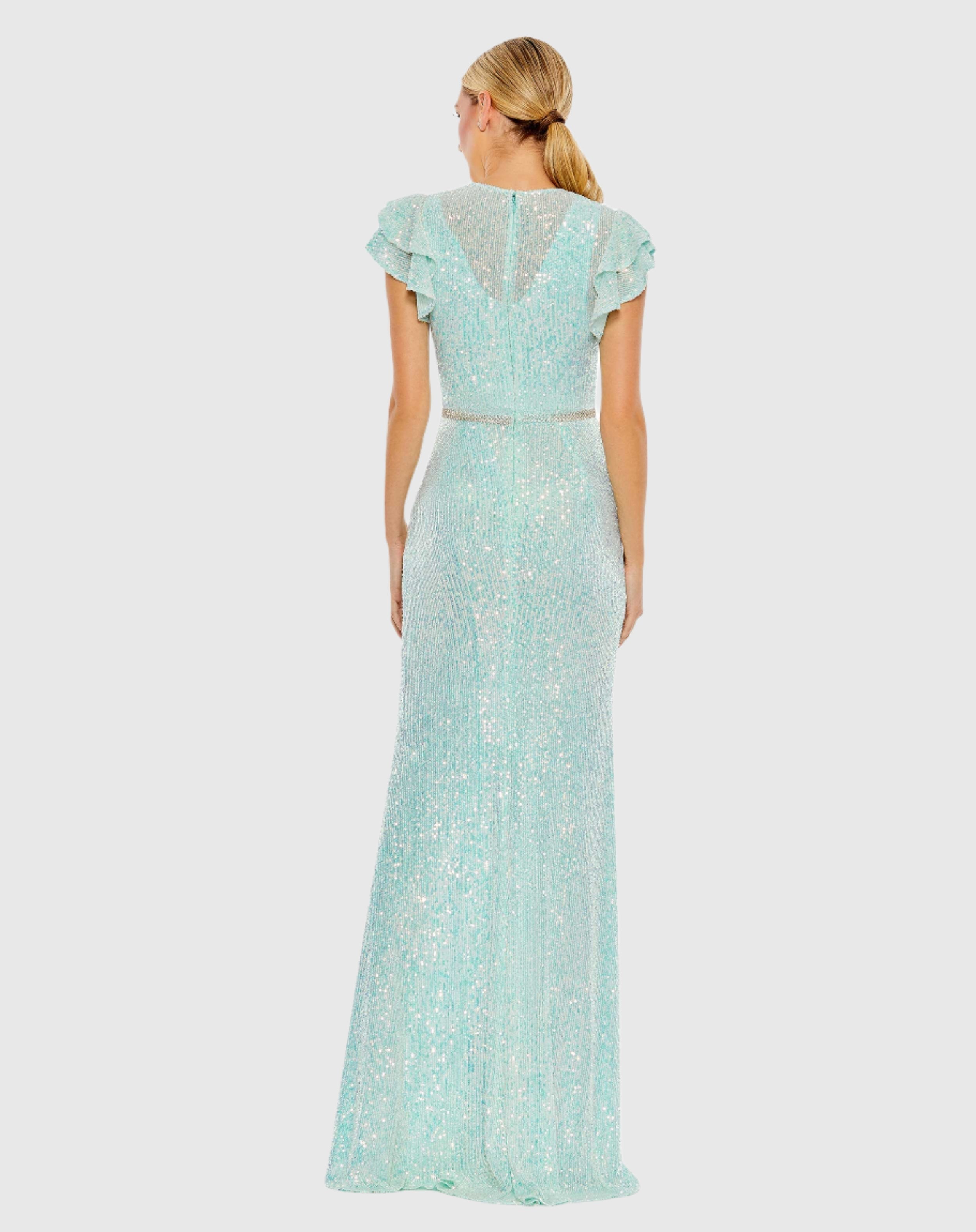 Blue Sequined High Neck Flutter Sleeve Mermaid Gown