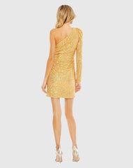 Gold Sequined One Shoulder Draped Side Bow Mini Dress