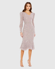 Purple Sequined V Neck Illusion Long Sleeve Trumpet Dress