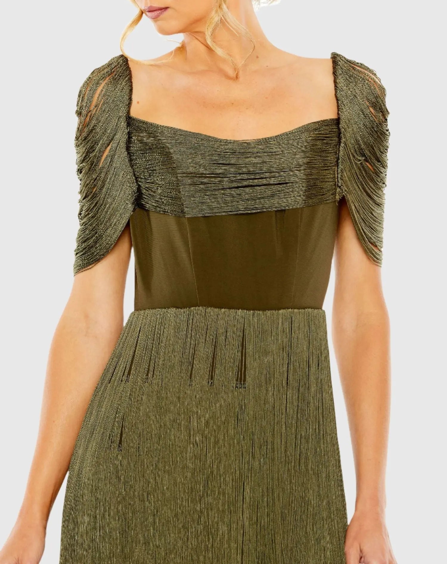 Green Short Sleeve Fringe Detailed Midi Dress