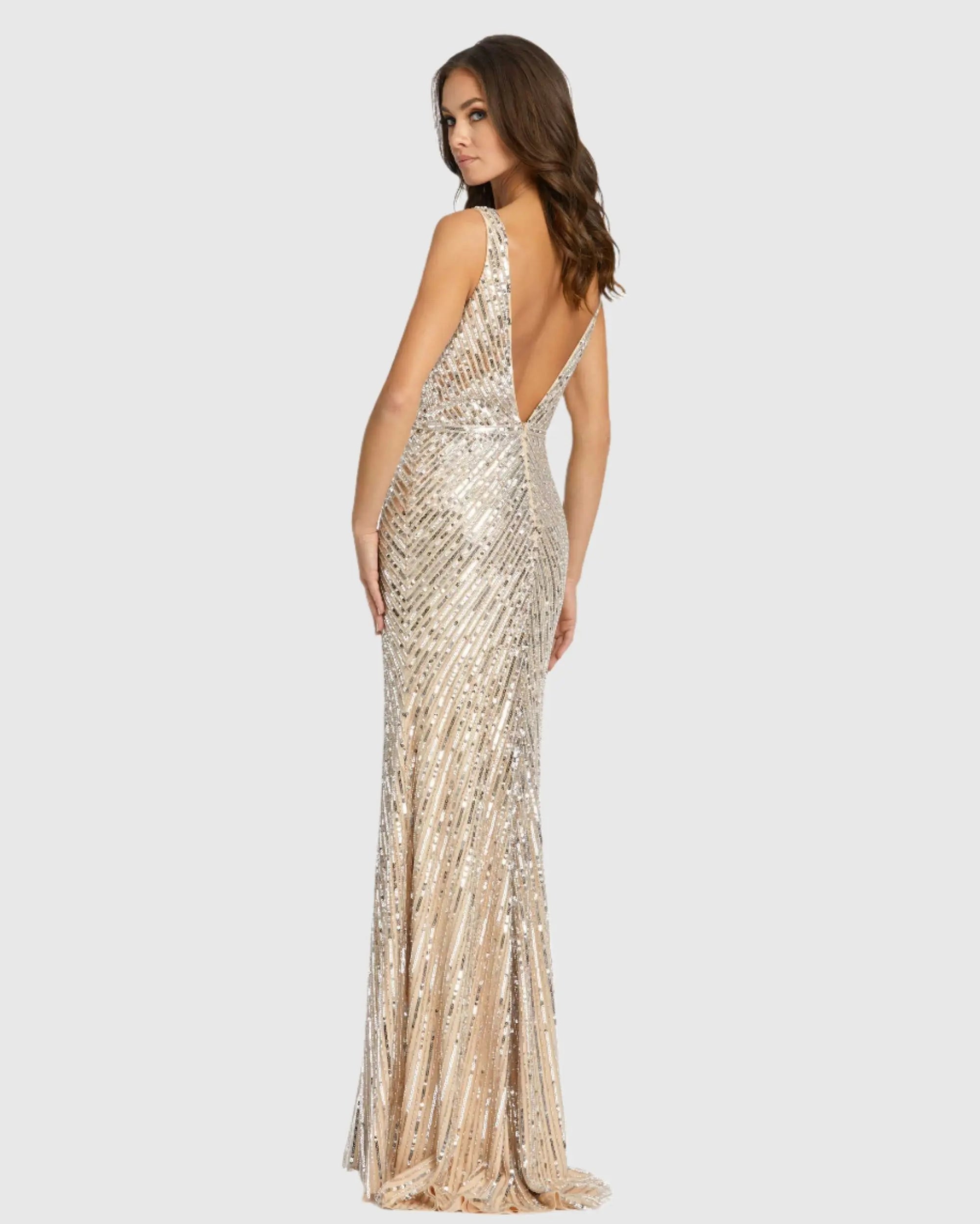 Beige and Silver Sleeveless Diagonal Sequined V-Neck Gown - FINAL SALE