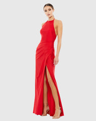 Red Sleeveless Pleated Halter Gown - FINAL SALE