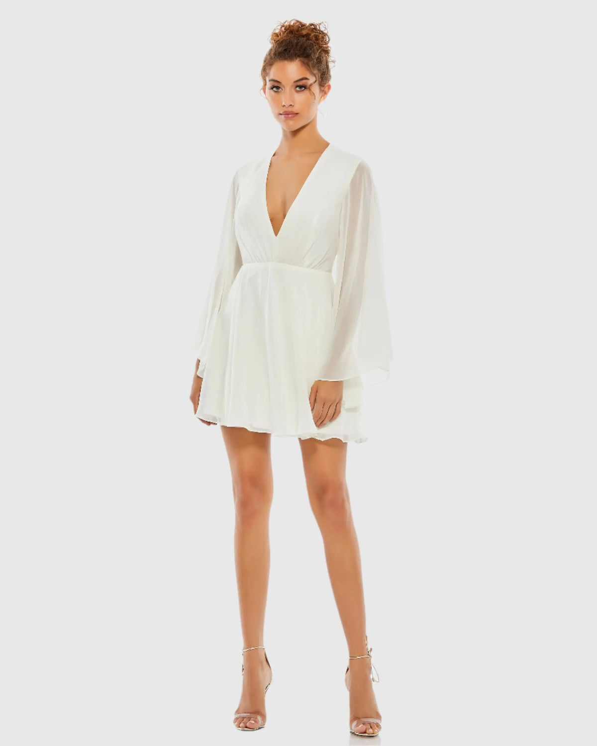 White Solid Flowy V Neck Illusion Sleeve Mini Dress
