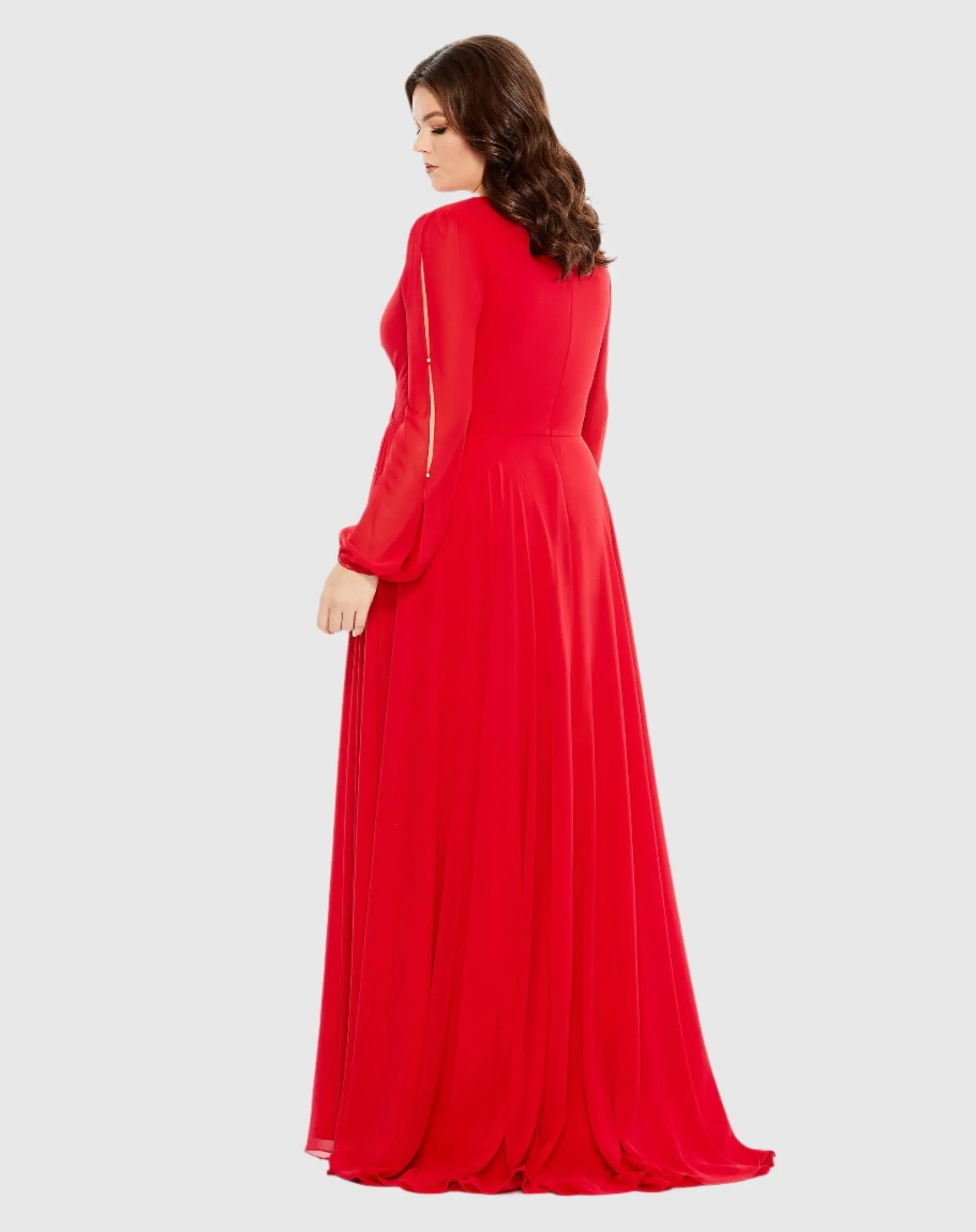 Red Split Puff Sleeve Faux Wrap A Line Gown
