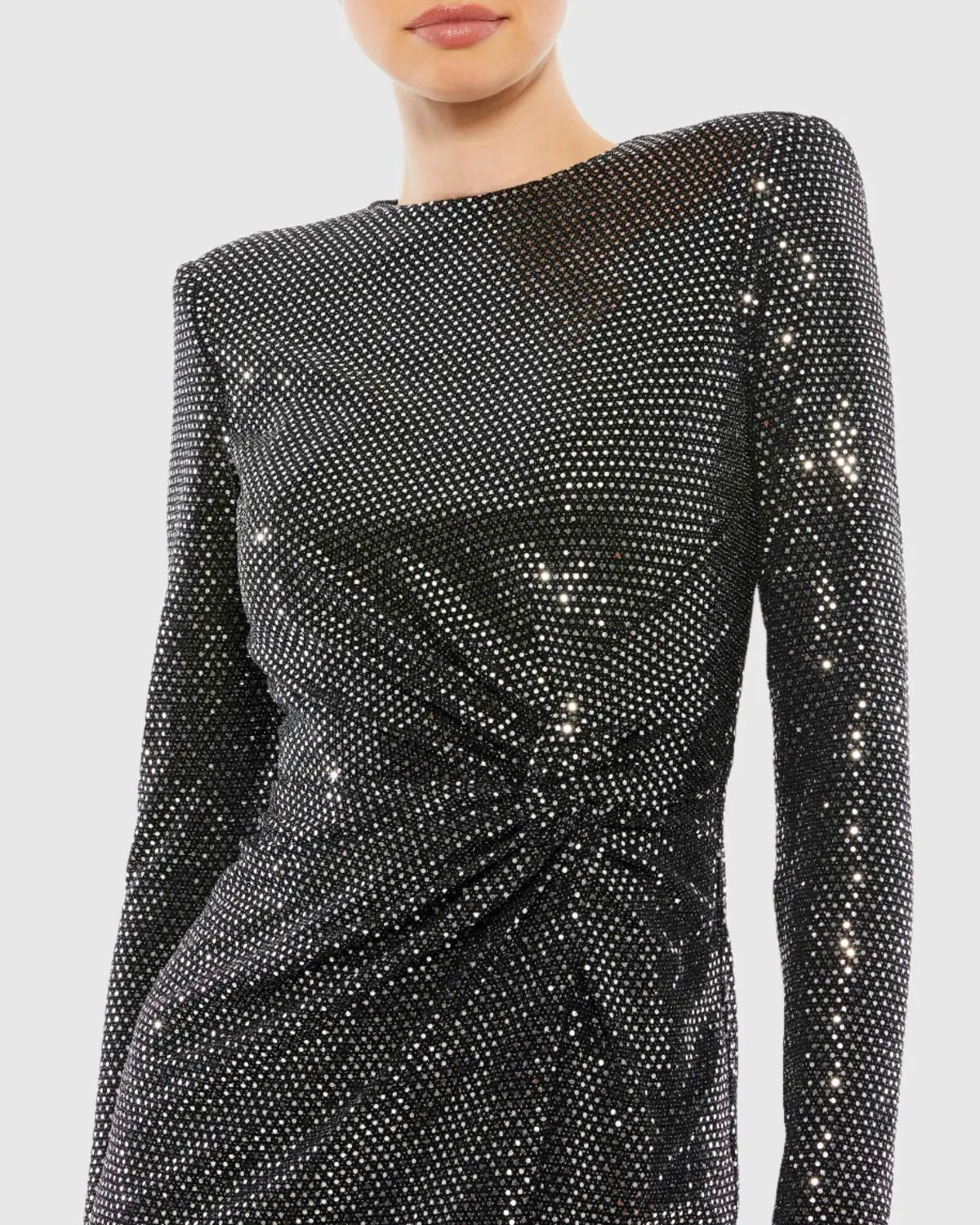 Black and Silver Structured Long Sleeve Side Twist Midi Dress