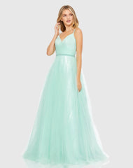 Green V-Neck Tulle Ballgown with Embellished Belt - FINAL SALE