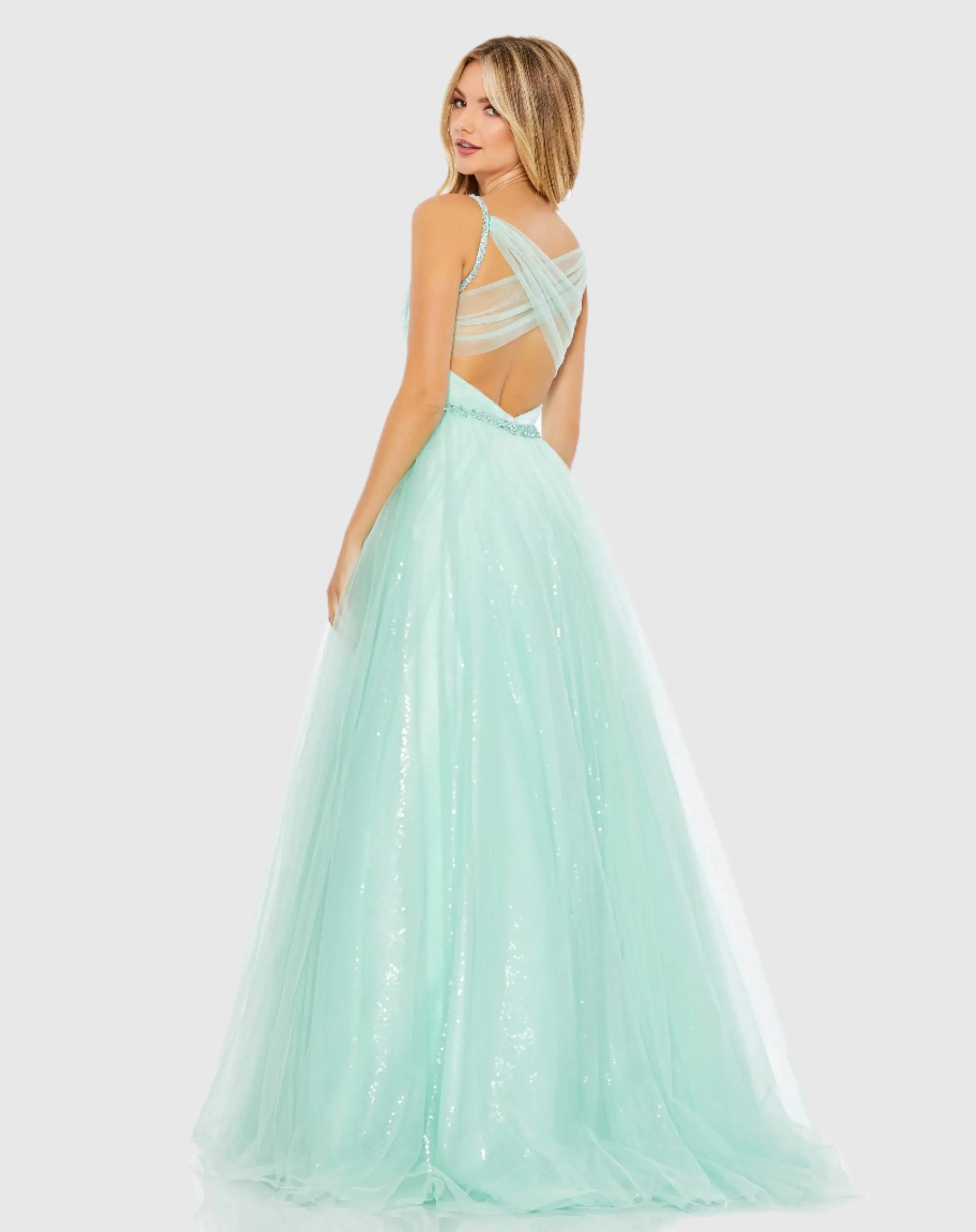 Green V-Neck Tulle Ballgown with Embellished Belt - FINAL SALE
