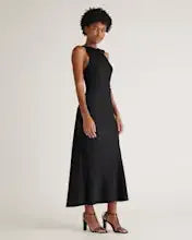 Black Washable Stretch Silk High Neck Midi Dress