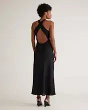 Black Washable Stretch Silk High Neck Midi Dress