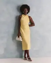 Butter Yellow Washable Stretch Silk High Neck Midi Dress