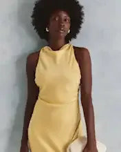 Butter Yellow Washable Stretch Silk High Neck Midi Dress