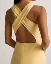 Butter Yellow Washable Stretch Silk High Neck Midi Dress