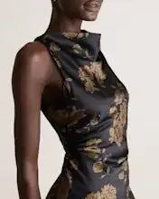 Caper Eclipse Washable Stretch Silk High Neck Midi Dress