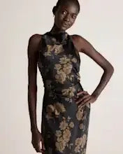 Caper Eclipse Washable Stretch Silk High Neck Midi Dress