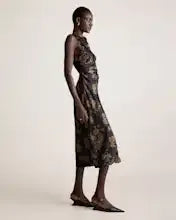 Caper Eclipse Washable Stretch Silk High Neck Midi Dress