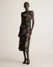 Caper Eclipse Washable Stretch Silk High Neck Midi Dress