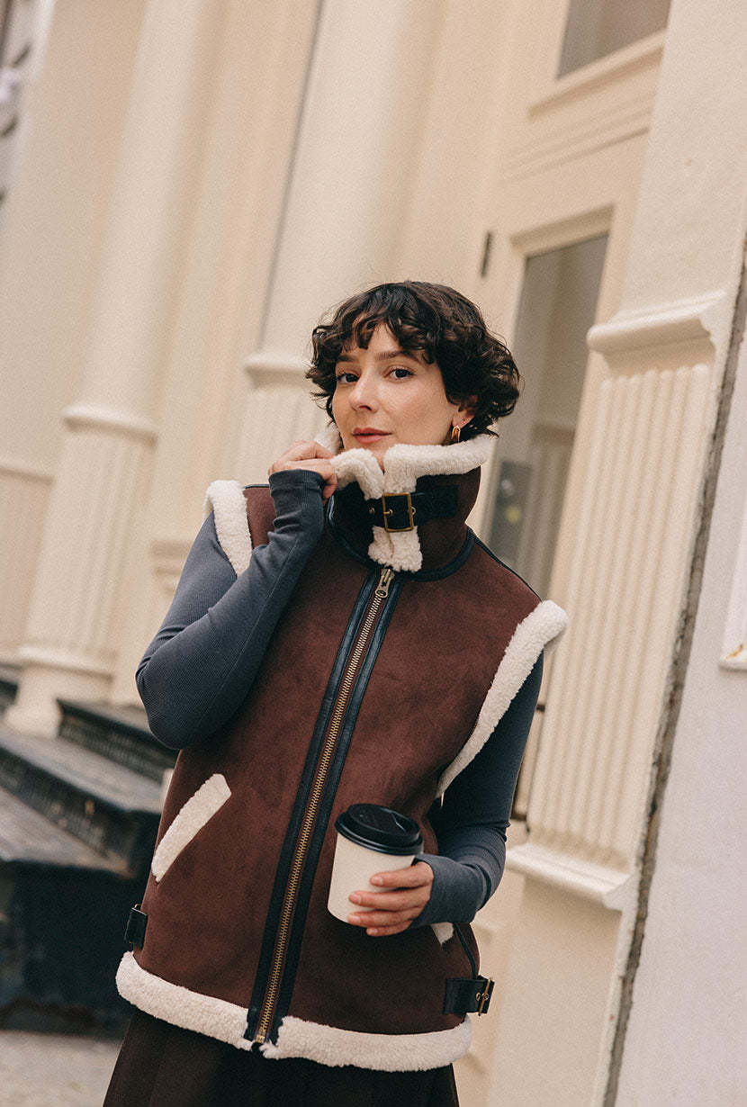 Camilla Shearling Vest Jacket - Chocolate
