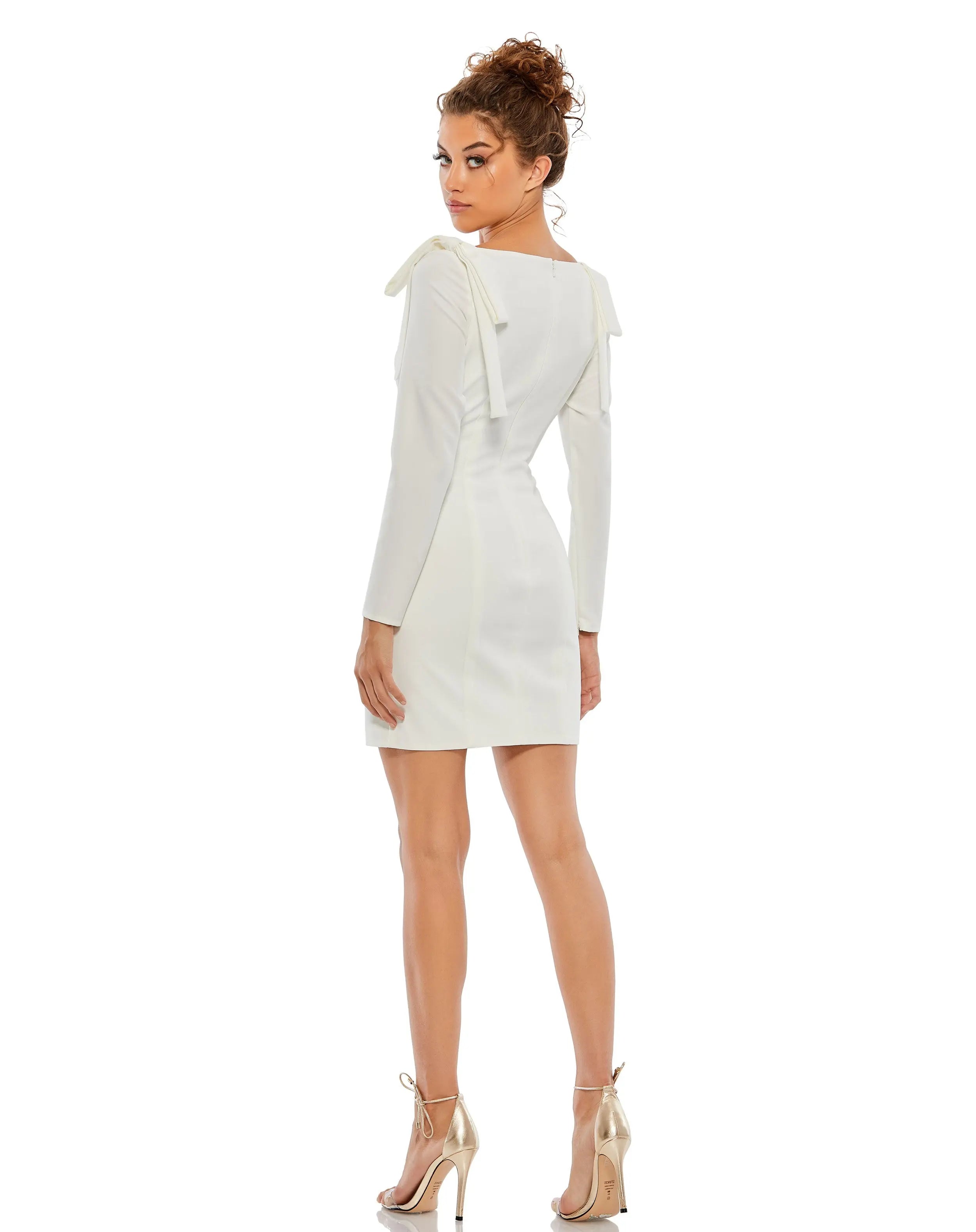 White Bow Shoulder Long Sleeve Sweetheart Fitted Mini Dress