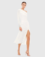 White Foldover Long Sleeve Jeweled Midi Dress