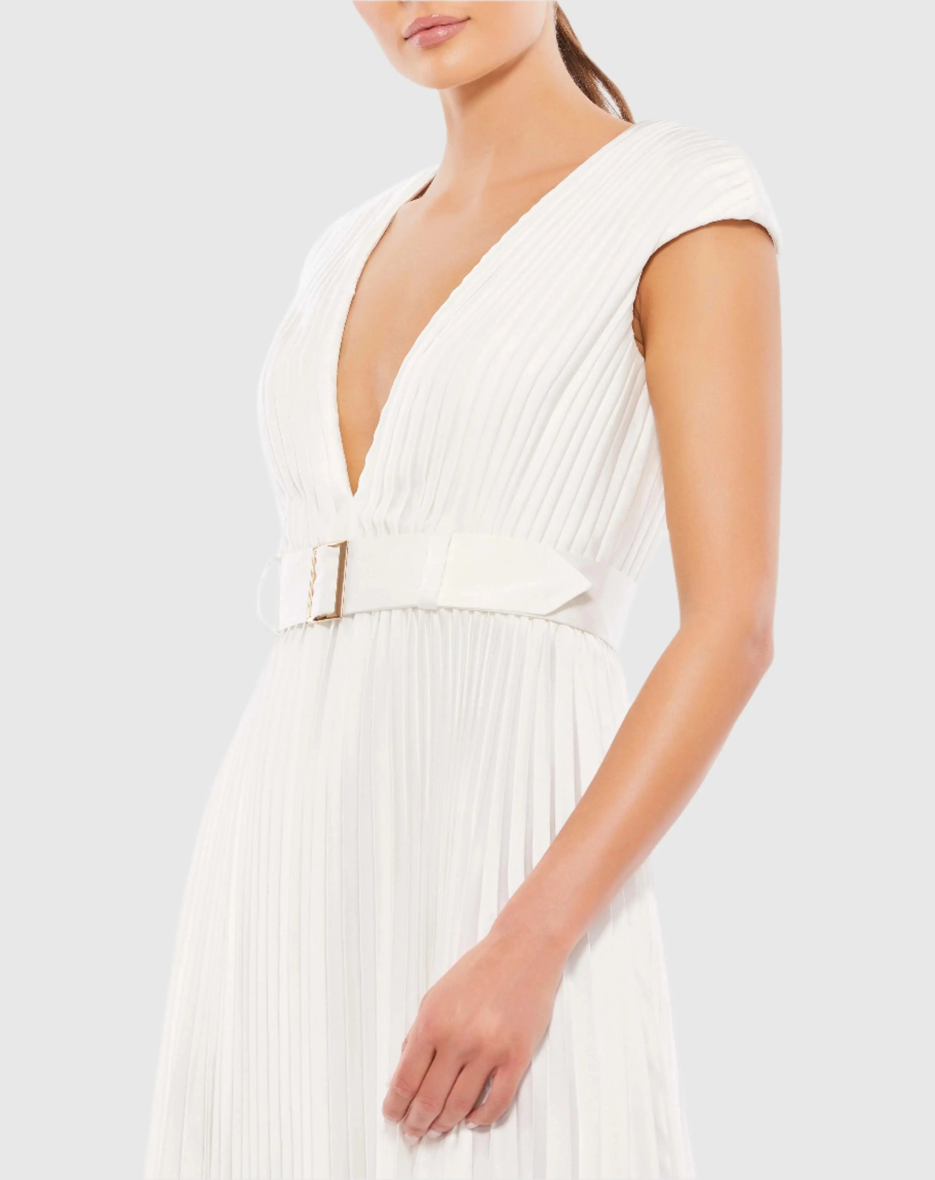 White Pleated Cap Sleeve Belted A Line Dress