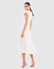 White Pleated Cap Sleeve Belted A Line Dress