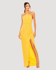 Yellow Halter Neck Ruched Side Front Slit Gown