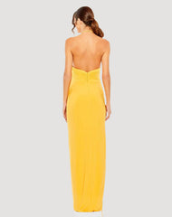 Yellow Halter Neck Ruched Side Front Slit Gown