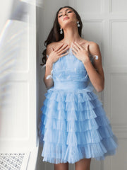 Blue Feathered Strapless Tulle Fit and Flare Dress - FINAL SALE