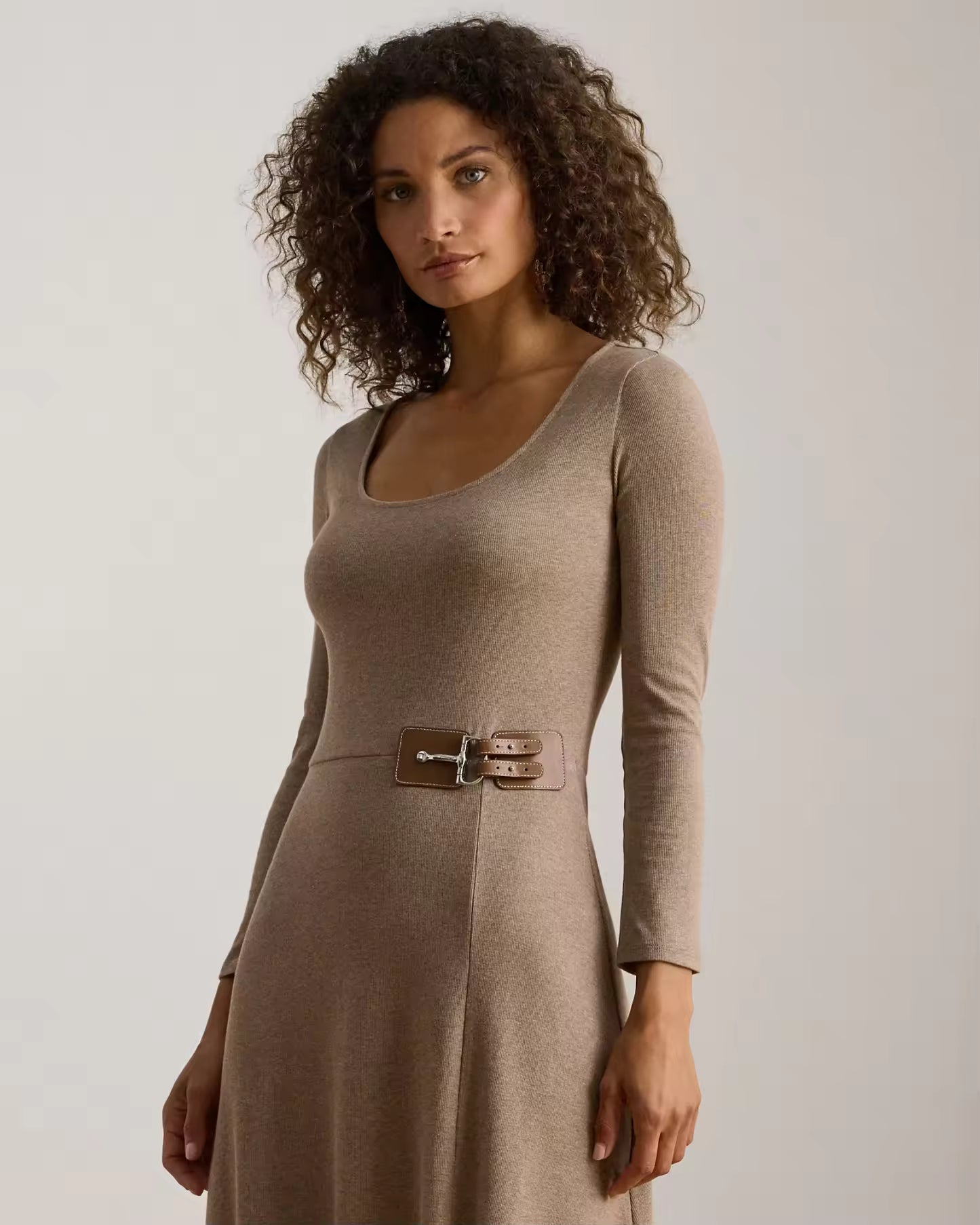 Buckle-Trim Rib-Knit Midi Dress