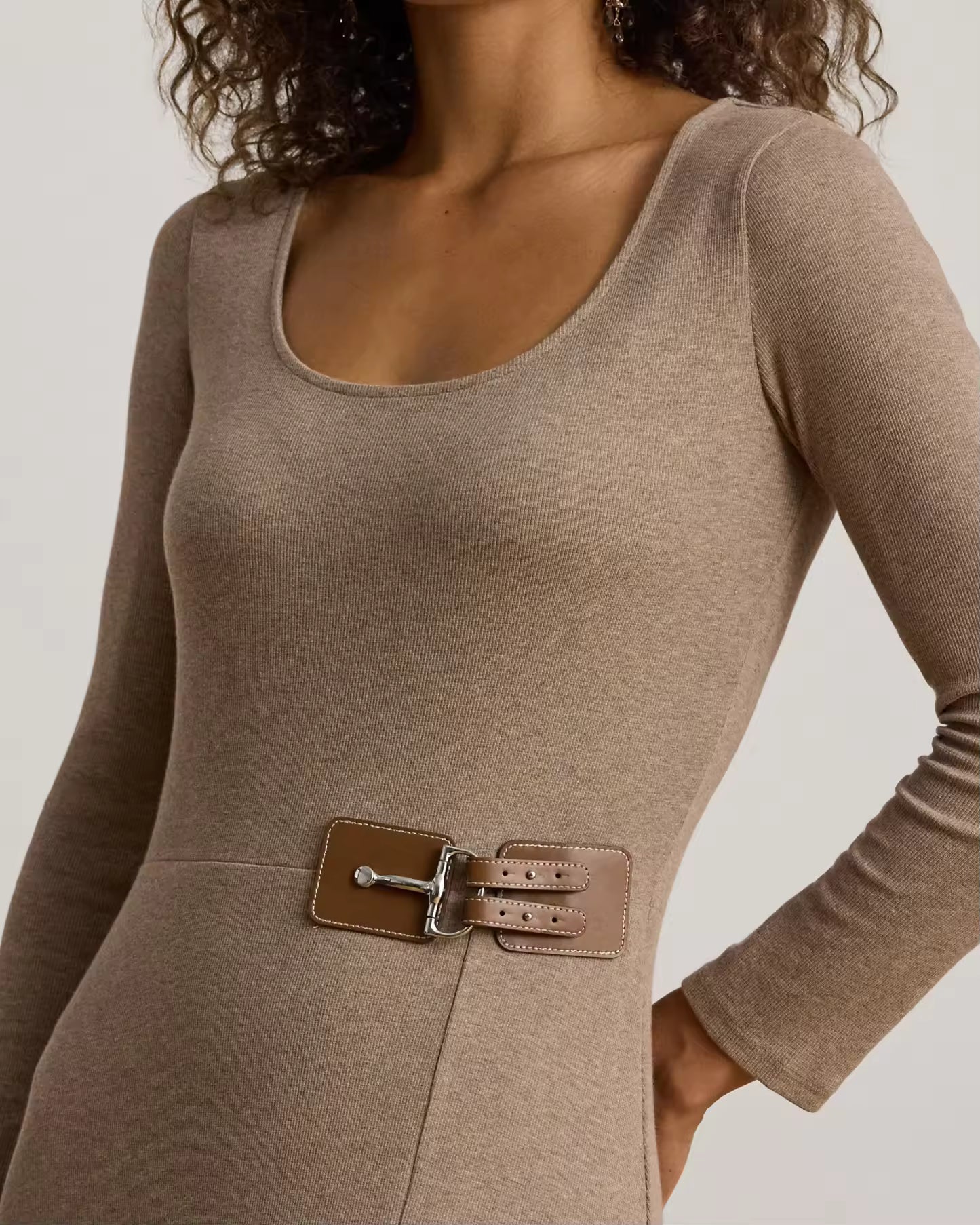 Buckle-Trim Rib-Knit Midi Dress